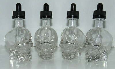 Lot of 4 Crystal Head Skull Glass EMPTY BOTTLE Mini 50ml with Dropper caps $23.95