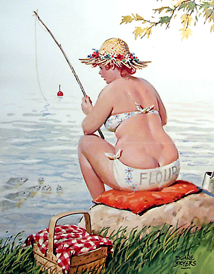 #ad Duane Bryers#x27; plump and pretty Hilda Fishing art painting print $7.99