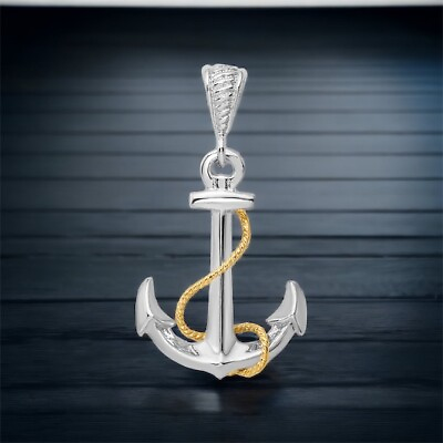 #ad 925 Sterling Silver Nautical 3D Anchor Charm Pendant 14K Gold Entwined Rope $185.00