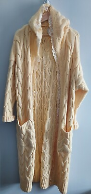 #ad By O La La Womens Yellow Cable Knit Lace Trim Hooded Maxi Cardigan Pockets OS $65.00