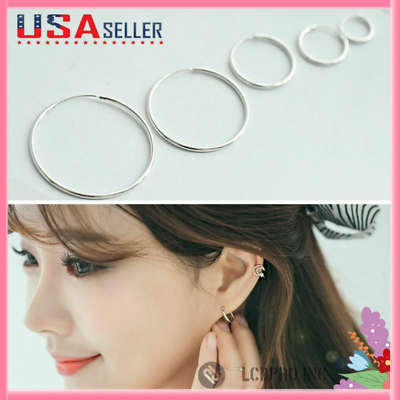 #ad Classic Hoop Earrings Round Shaped Solid 925 Sterling Silver Women Men Jewelry $5.21