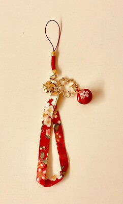#ad Japanese Lovely Keychain Netsuke Bell Charm Cherry Blossom Pattern Red Japan $21.20