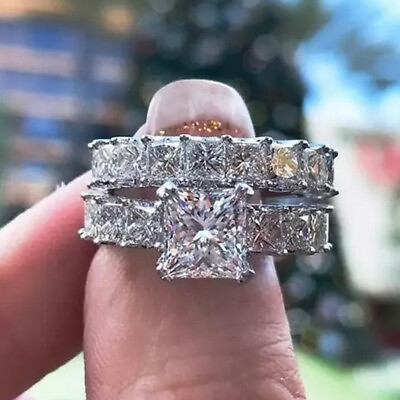 #ad Pretty 2pcs set 925 Silver Plated Ring Cubic Zircon Women Wedding Jewelry Sz6 10 C $4.00