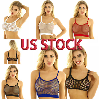 #ad US Womens Fishnet Camisole Crop Tops See Through Shoulder Straps Tank Vest Sexy $7.85