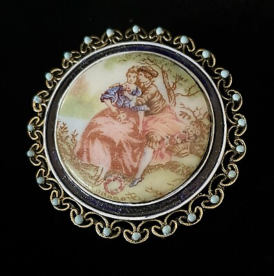 #ad 1960s ARCANSAS Elizabeth Reimer Fragonard 2 Lovers Gold Plated Porcelain Brooch AU $54.50