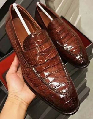 #ad #ad New Handmade Alligator Pattern Leather Brown Slip On Loafer Dress Shoes For Men $151.69