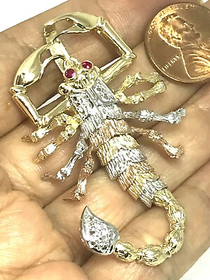 #ad GOLd Scorpion pendant 14k Solid Charm cz glass necklace gift him 2.25” BIG $969.43
