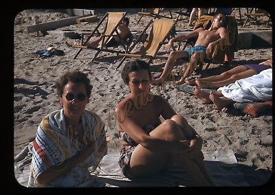 #ad Women Beach Man Sunbathing Swimsuit 35mm Slide 1950s Red Kodachrome Goldberg $14.99