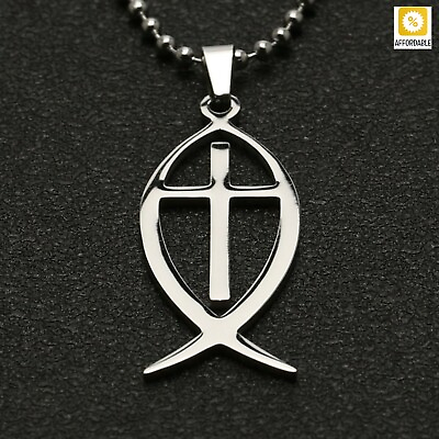 Ichthus Cross Necklace Men Jesus Christ Amulet Christian Religion Sign Pendant $8.89