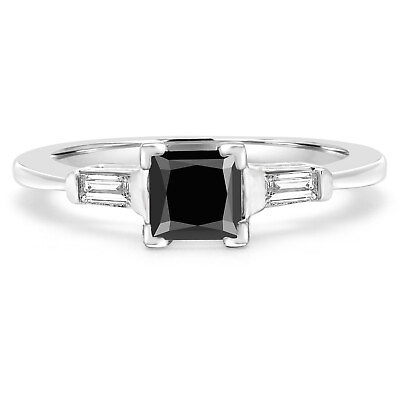 #ad 1.23 CT Princess AAA Black Diamond Three Stone Engagement Ring 14K White Gold $1149.00