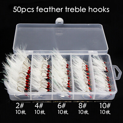 #ad New 50pcs 2X Strong Fishing Treble Hook amp; Feather Dressed Treble Hi Carbon Steel $21.19