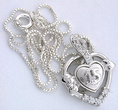 #ad 15 Year Heart Anniversary Birthday.CZ Sterling Silver 18quot; Chain Pendant EBS5727 $43.99