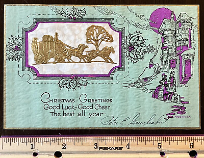 #ad VINTAGE CHRISTMAS CARD HORSE CARRIAGE RICH MANSION GREEN GOLD PURPLE ONE SIDED $107.67