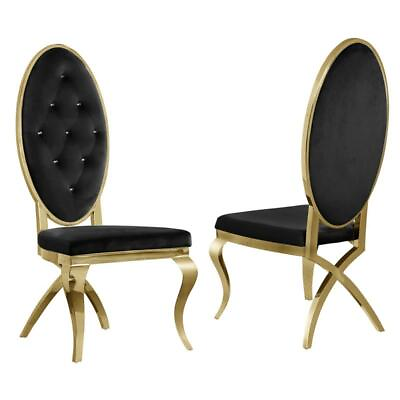 #ad Classy Tufted Velvet Dining Chairs in Black with Gold Stainless Steel Set of 2 $380.50