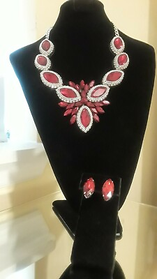 #ad RED IMITATION RUBY amp; SILVER WITH RHINESTONES NECKLACE AND EARRING SET $12.99