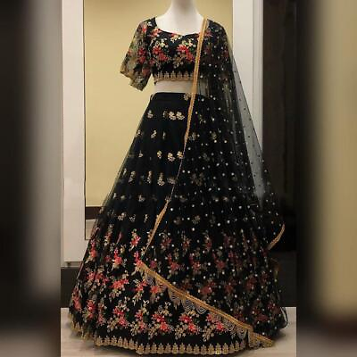 #ad Zari Embroidery Semi Stitched Black Wedding Party Festive Wear Lehenga Choli $53.00