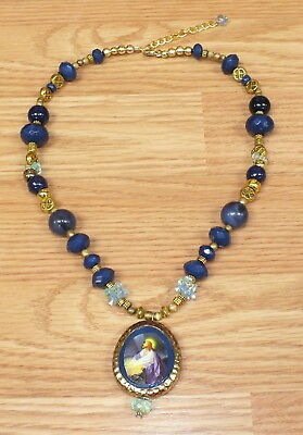 Blue amp; Gold Tone Religious Plastic Beaded Spiritual Women#x27;s Fashion necklace $29.08