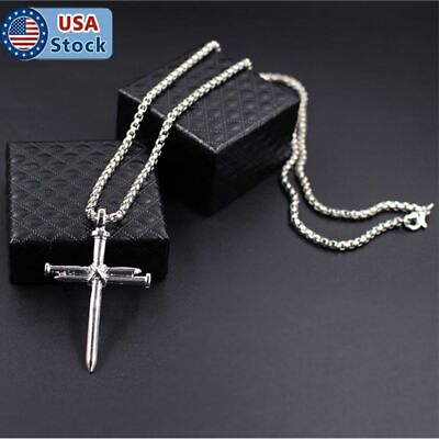 #ad Men Silver Nail Cross Pendant Necklace Chain Gift Stainless Steel Christ Jewelry $6.50