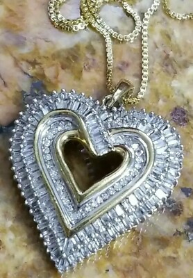 #ad 🎁 LARGE 14K YELLOW GOLD STERLING SILVER 1.5 CT GENUINE DIAMOND HEART NECKLACE $449.90