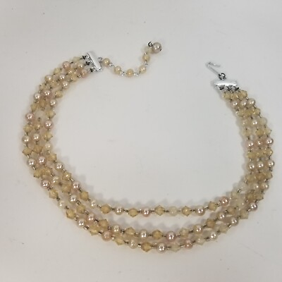 #ad Vtg Mid Century Multi Strand Silver Tone Faceted and Round Bead Necklace Japan $12.99