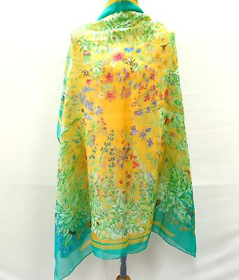 #ad HERMES LA PRAIRIE Mousseline Chiffon Green Silk Scarf Floral Size 185 x 92cm $579.00