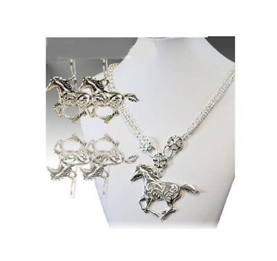 Horse Necklace Earrings Cowgirl Western Rhinestone Bling Jewelry Set Silver Tone $14.75