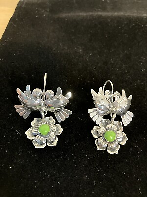 #ad Taxco Love Bird Earrings Sterling Silver Mexico Frida Kahlo Green Stone 925 $65.00