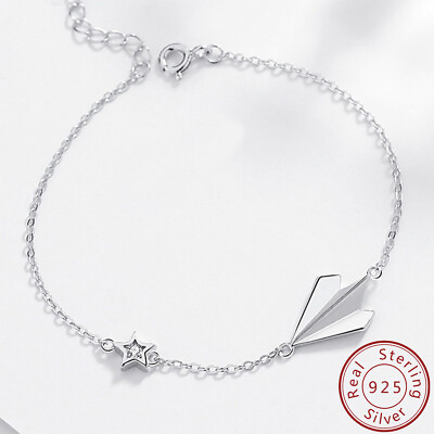 #ad Paper Plane Zircon Star Rolo Chain Bracelet for Women Sweet 925 Sterling Silver $14.71
