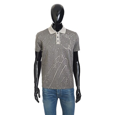 #ad BERLUTI 660$ Polo Shirt Gray Scritto Jacquard Jersey Cotton Pique $550.00