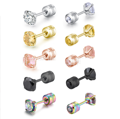 #ad Silver Stainless Steel Round CZ Stud Earrings for Women Men Piercing Screw Back $7.45