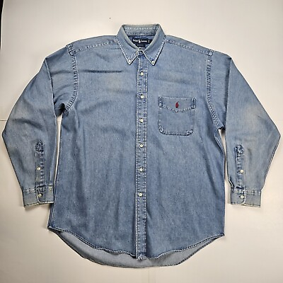 #ad Ralph Lauren Denim Button Shirt Men#x27;s Medium Blue Big Shirt Pocket Heavyweight $35.00