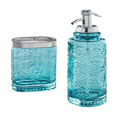 #ad Teal 2 Piece Embossed Glass Bath Accessory Set The Pioneer Woman Amelia $19.97