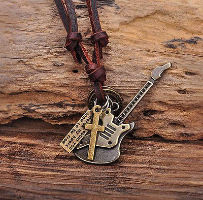 #ad N275 Brown Cool Surfer Rock Guitar Pendant Leather Long Necklace Choker Mens New $7.59