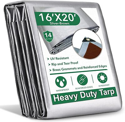 #ad 16x20ft 14 Mil Heavy Duty Tarp Silver Brown UV Resistant Grommets Reinforced $49.95