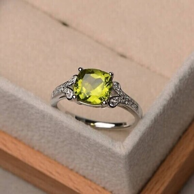 #ad Cushion Lab Created Green Peridot Diamond Engagement Ring 14K White Gold Plated $68.74