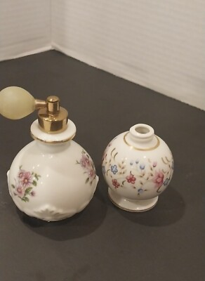 #ad Very Old Two Porcelain Perfume Bottles White Floral $25.50