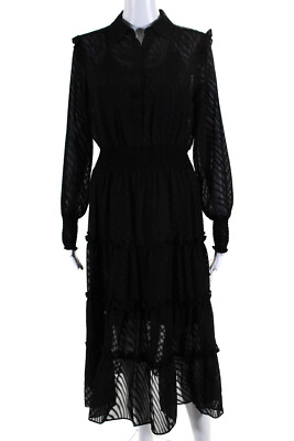 #ad Nanette Lepore Women#x27;s Long Sleeves Smocked Waist Tiered Maxi Dress Black Size 6 $42.69