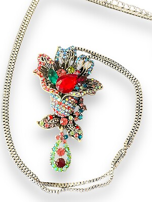 #ad Betsey Johnson Multicolor Blooming Flower Crystals Silver tone Chain 12” $19.99