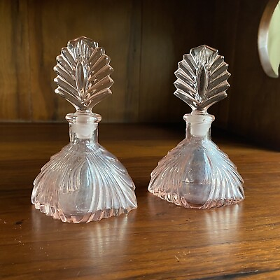 #ad Vintage Depression Pink Glass Perfume Bottles Art Deco Style X2 $60.00