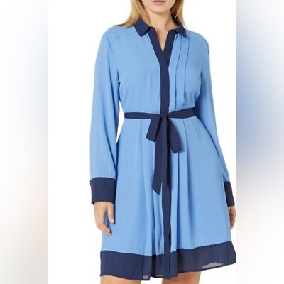 #ad NWT $128 12 Nanette Lepore Blue Colorblock Button Front Belt Pleated Shirt Dress $75.00