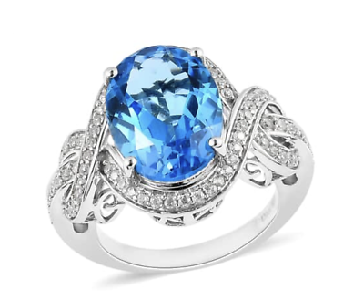 #ad Women#x27;s Ring Blue Topaz Oval White Zircons SHOPLC 10 Plat Sterling **NEW $125.00