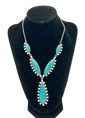#ad Statement Chunky Y Necklace Teal Sparkle Acrylic? Stones Rhinestones Gold Tone $12.99