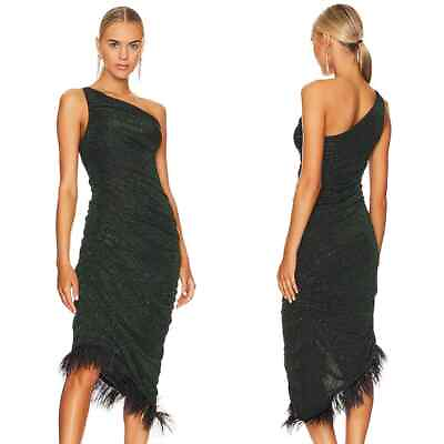#ad Saylor Black amp; Green Hilaria Feather Hem One Shoulder Midi Dress Women’s Small $147.02