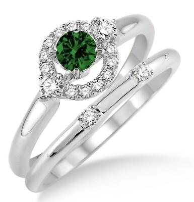 #ad Elegant Halo Wedding Ring Bridal Set 10k White GoldEmerald amp; Natural Diamond $1039.86