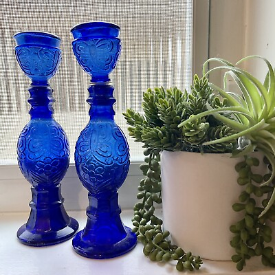 Vintage Blue Glass Antique Perfume Bottles Set of 2 Boho Home Decor Accents $42.00