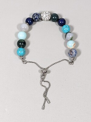 #ad Silver Tone Shades of Blue Polished Stone Round Bead Crystal Adjustable Bracelet $5.59