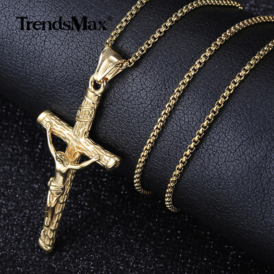 #ad Gold Plated Stainless Steel Jesus Christ Crucifix Cross Pendant Necklace Chain $13.49