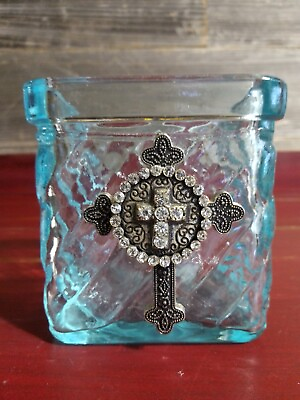 #ad Religious Small Candle Holder With Metal Cross Circle And Cross Of Gemstones $7.99