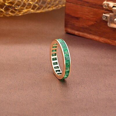 #ad Emerald Yellow Gold Eternity Ring 14k Gold 3mm Square Cut Gemstone Handmade Ring $858.11