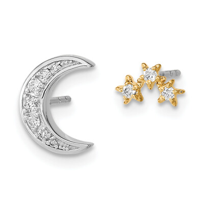 #ad 14K Two Tone Gold Crescent Moon 3 Stars Diamond Mis Match Stud Earrings $467.00